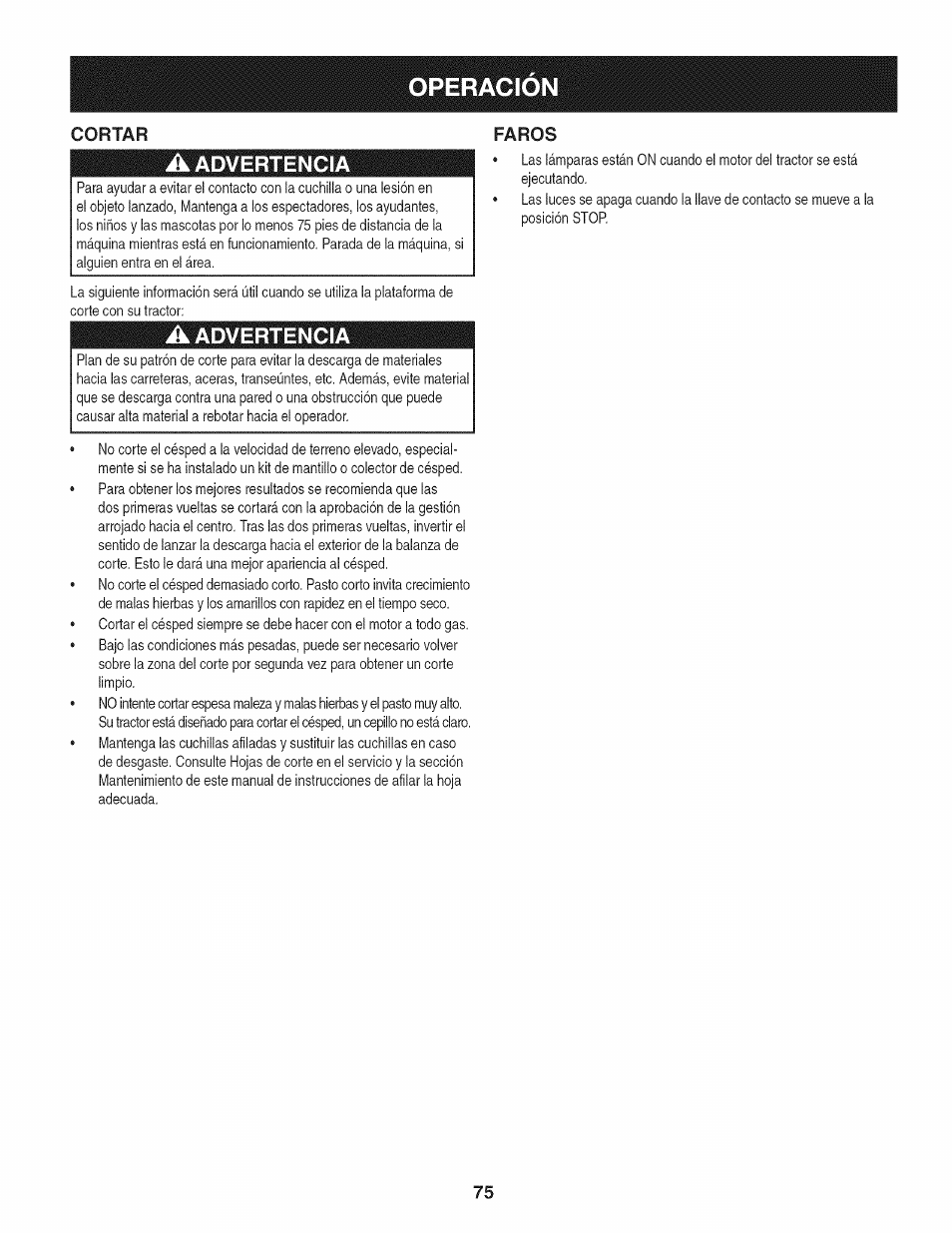 A advertencia, Faros, Operacio | Craftsman 247.28911 User Manual | Page 75 / 92