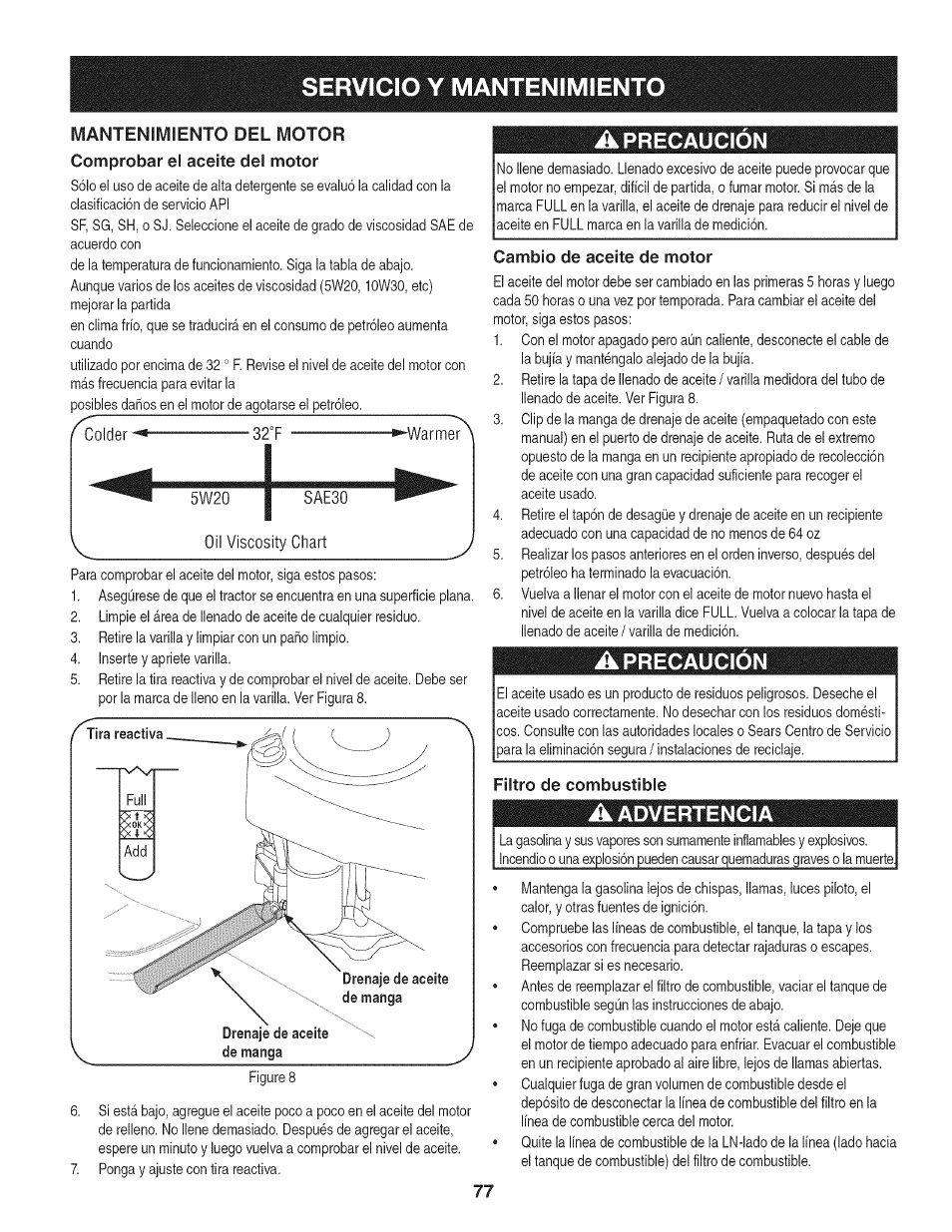 Mantenimiento del motor, Comprobar el aceite del motor, A precaución | Cambio de aceite de motor, Filtro de combustible, A advertencia, Servicio y mantenimient, Precaución, Advertencia | Craftsman 247.28911 User Manual | Page 77 / 92