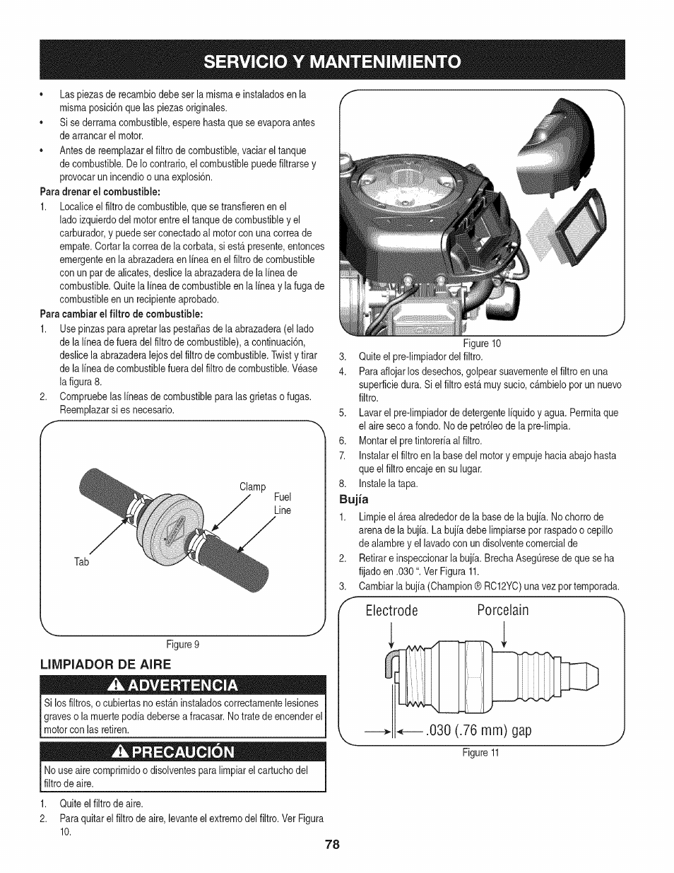 Limpiador de aire, A advertencia, A precaución | Bujía, Servicio y mantenimiento, Advertencia, Precaución | Craftsman 247.28911 User Manual | Page 78 / 92