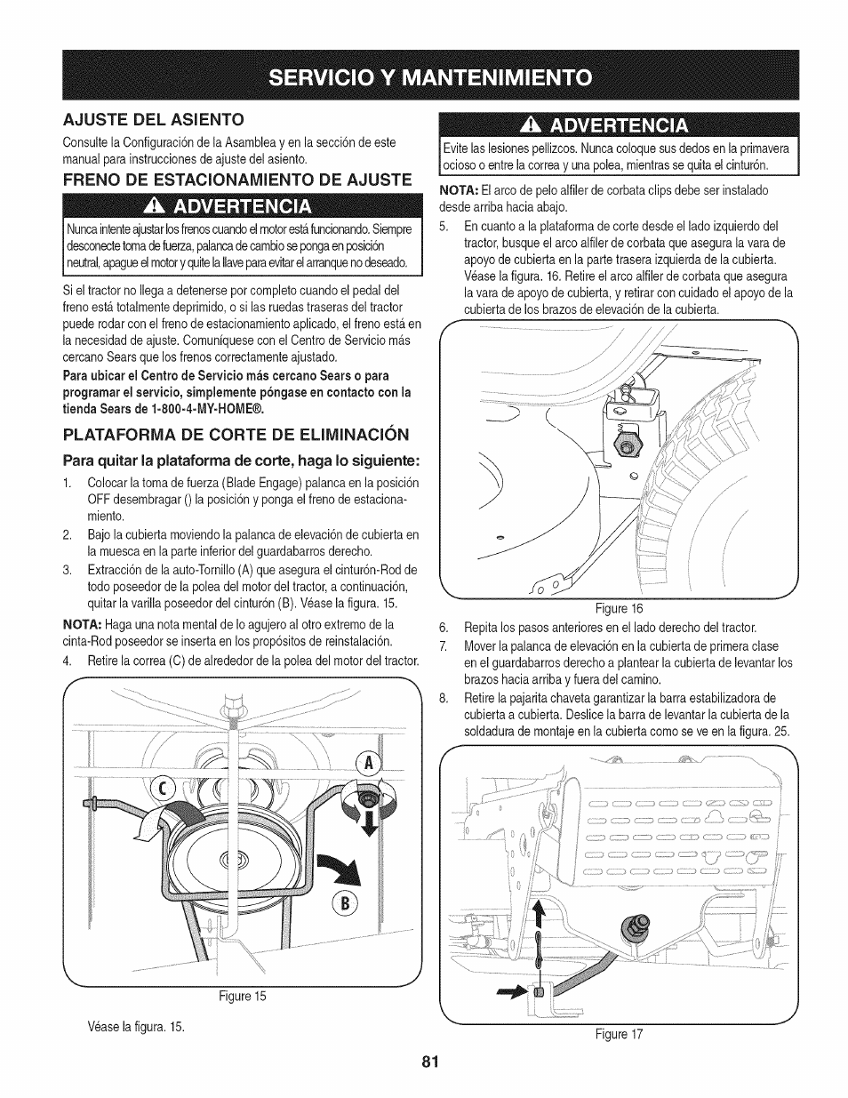 Freno de estacionamiento de ajuste, A advertencia, Plataforma de corte de eliminación | Servicio y mantenimient | Craftsman 247.28911 User Manual | Page 81 / 92