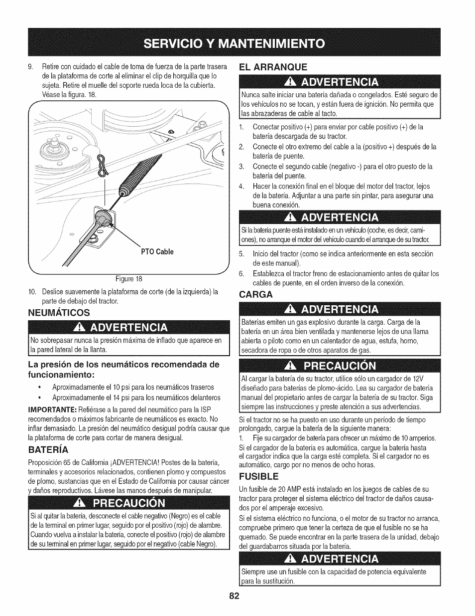 A advertencia, Neumáticos, Carga | Batería, A precaución, A precaucion, Fusible, Servicio y mantenimiento | Craftsman 247.28911 User Manual | Page 82 / 92