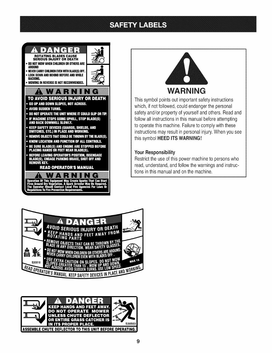 Serious injury or oehh, Fili, A danger | Warning, Safety label, Danger | Craftsman 247.28911 User Manual | Page 9 / 92