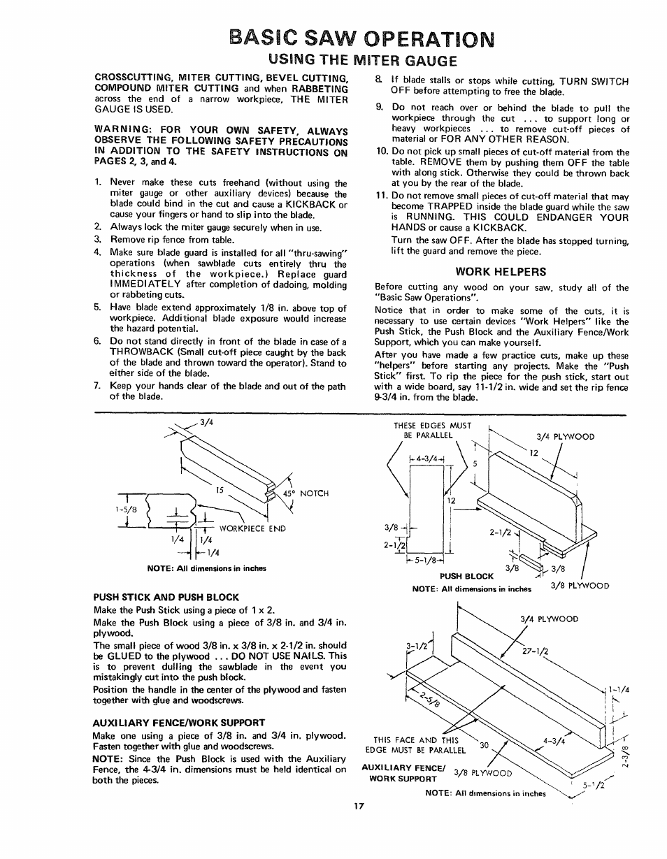Basic saw operation, Using the miter gauge, Work helpers | Craftsman 113.24181 User Manual | Page 17 / 40