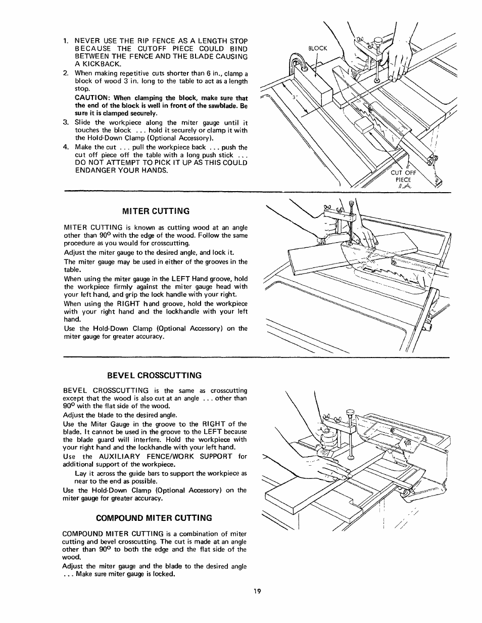 Miter cutting, Bevel crosscutting, Compound miter cutting | Craftsman 113.24181 User Manual | Page 19 / 40