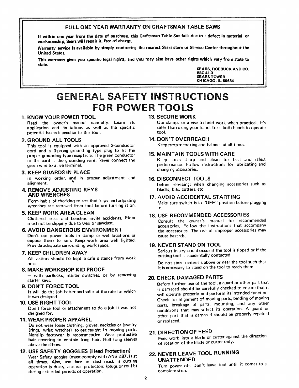 General safety instructions for power tools, Full one year warranty on craftsman table saws, Know your power tool | Ground all tools, Keep guards in place, Remove adjusting keys and wrenches, Keep work area clean, Avoid dangerous environment, Keep chi ldren away, Make workshop kid-proof | Craftsman 113.24181 User Manual | Page 2 / 40