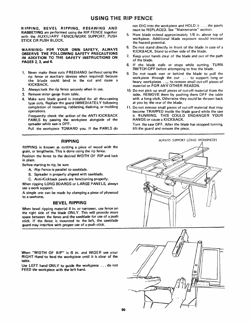 Using the rip fence, Ripping, Bevel ripping | Craftsman 113.24181 User Manual | Page 20 / 40