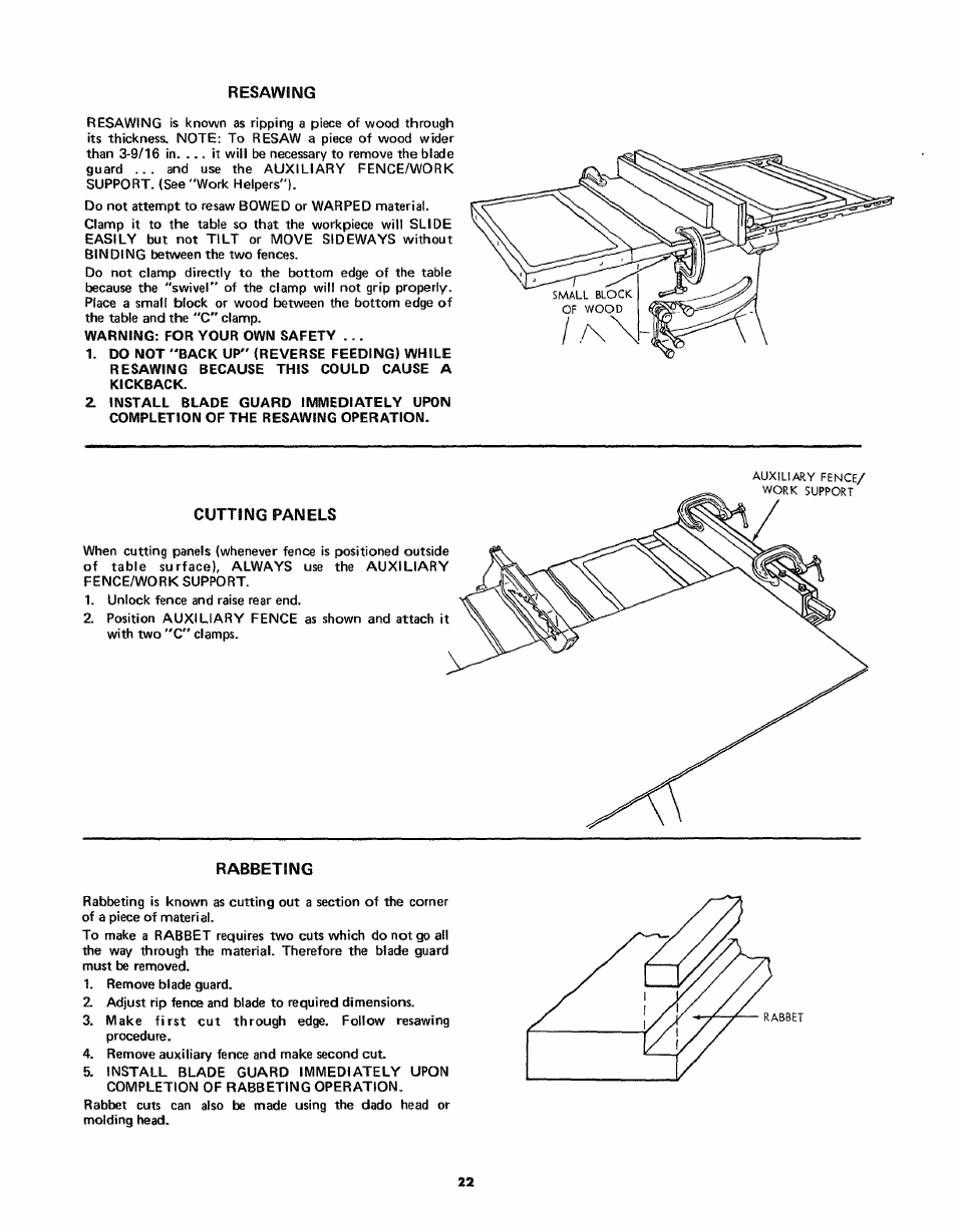 Resawing, Rabbeting | Craftsman 113.24181 User Manual | Page 22 / 40