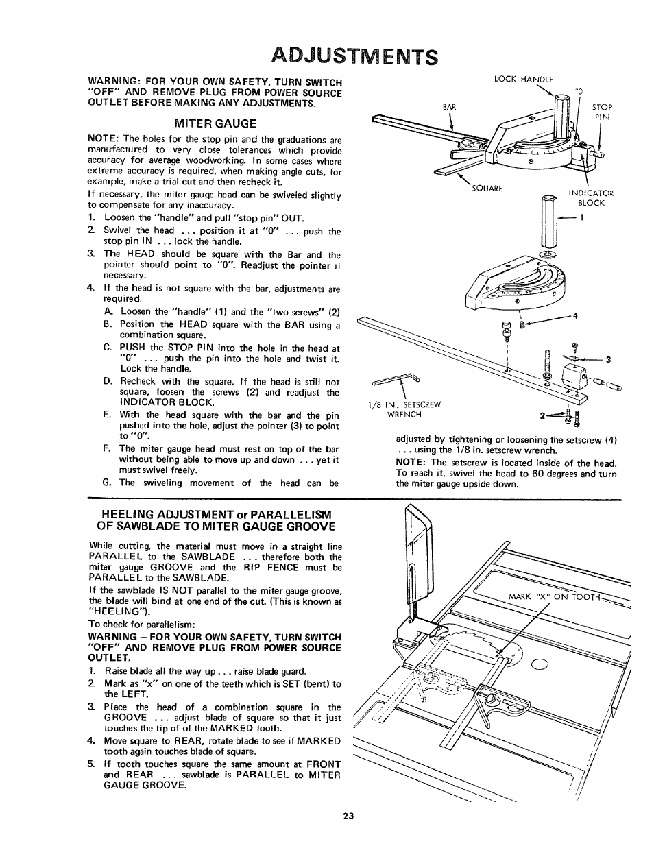 Adjustments, Miter gauge | Craftsman 113.24181 User Manual | Page 23 / 40