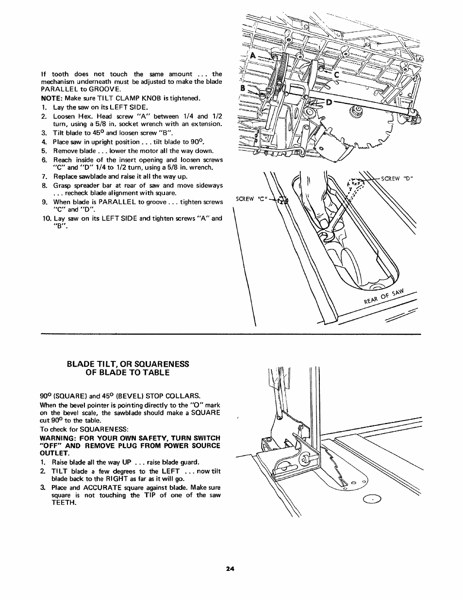 Blade tilt. or squareness of blade to table | Craftsman 113.24181 User Manual | Page 24 / 40