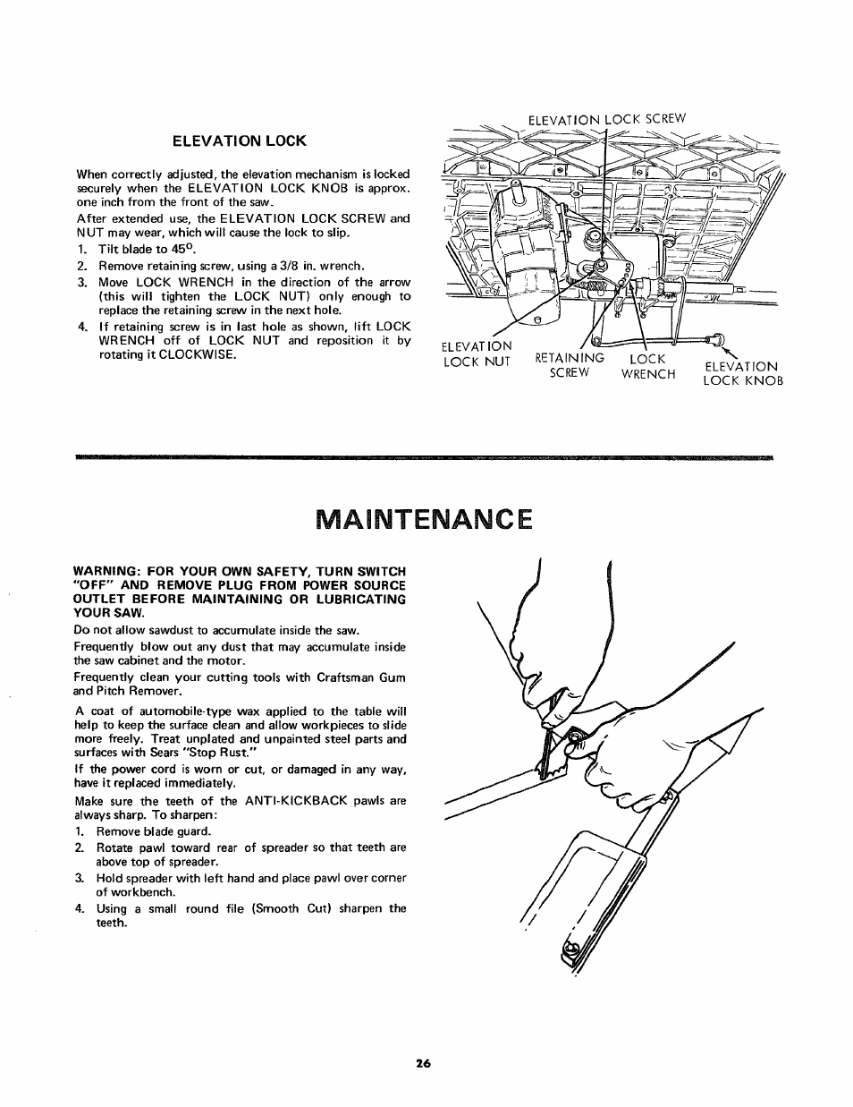 Maintenance, Elevation lock | Craftsman 113.24181 User Manual | Page 26 / 40