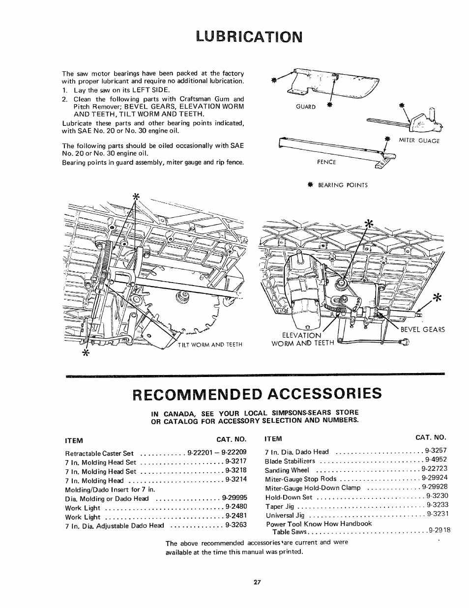 Lubrication, Recommended accessories | Craftsman 113.24181 User Manual | Page 27 / 40