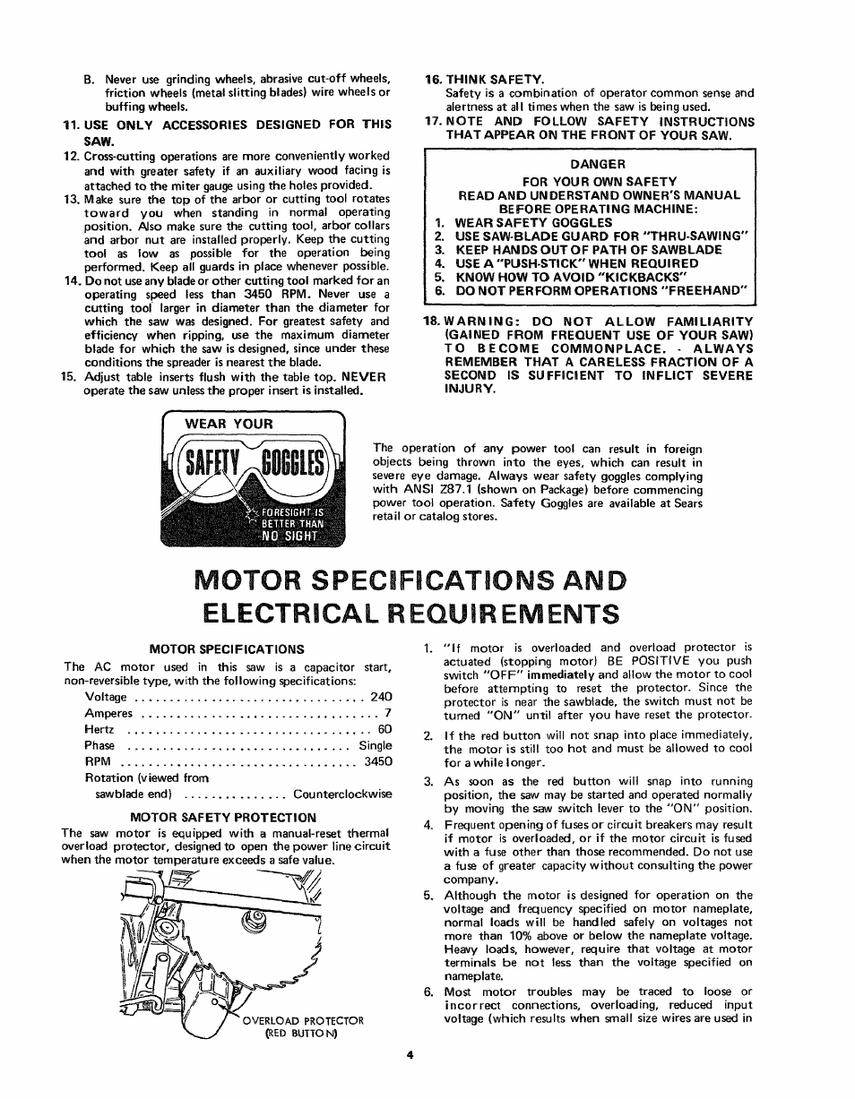 Motor specifications and electrical requirements | Craftsman 113.24181 User Manual | Page 4 / 40