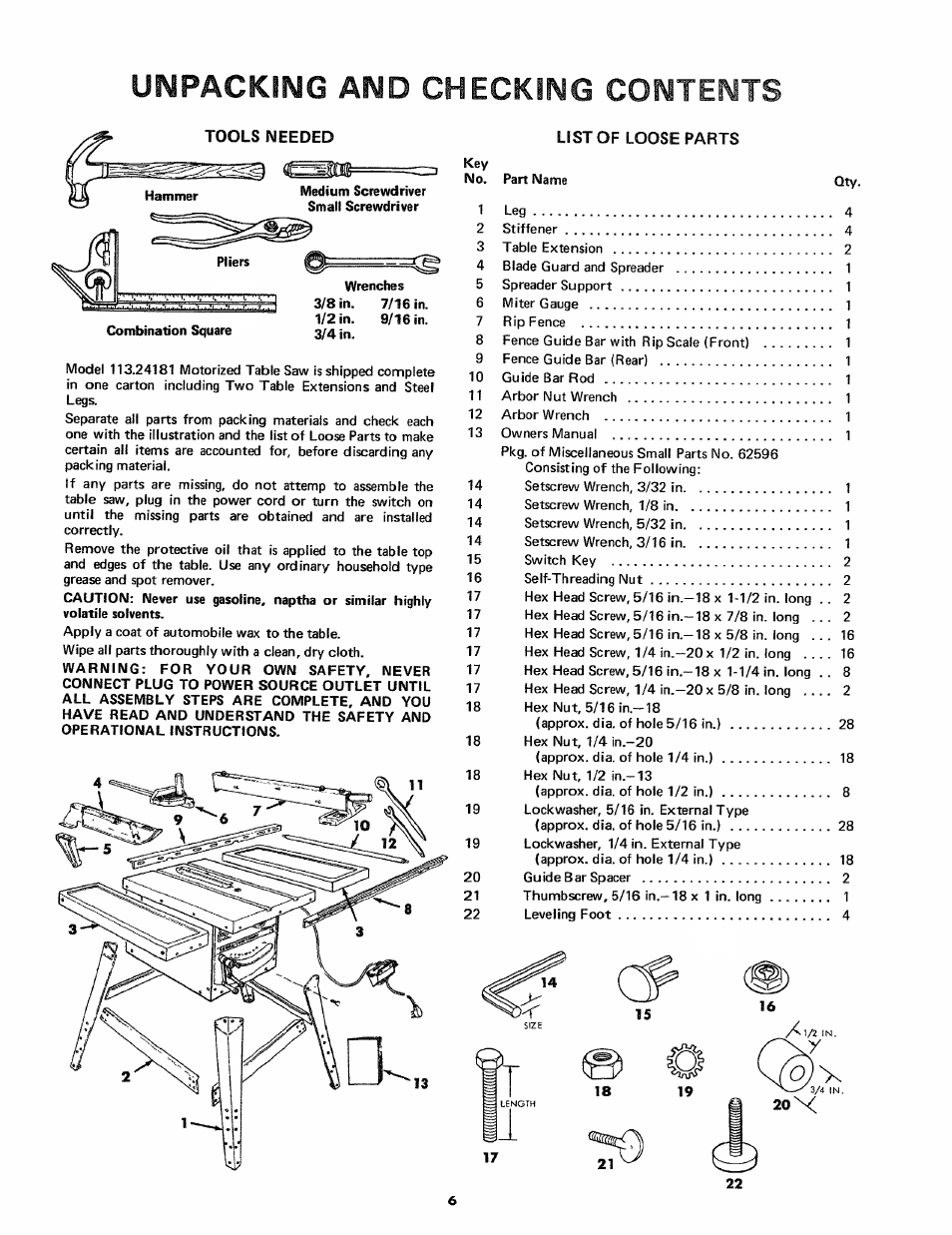 Unpacking and checking contents, Tools needed, List of loose parts | Craftsman 113.24181 User Manual | Page 6 / 40