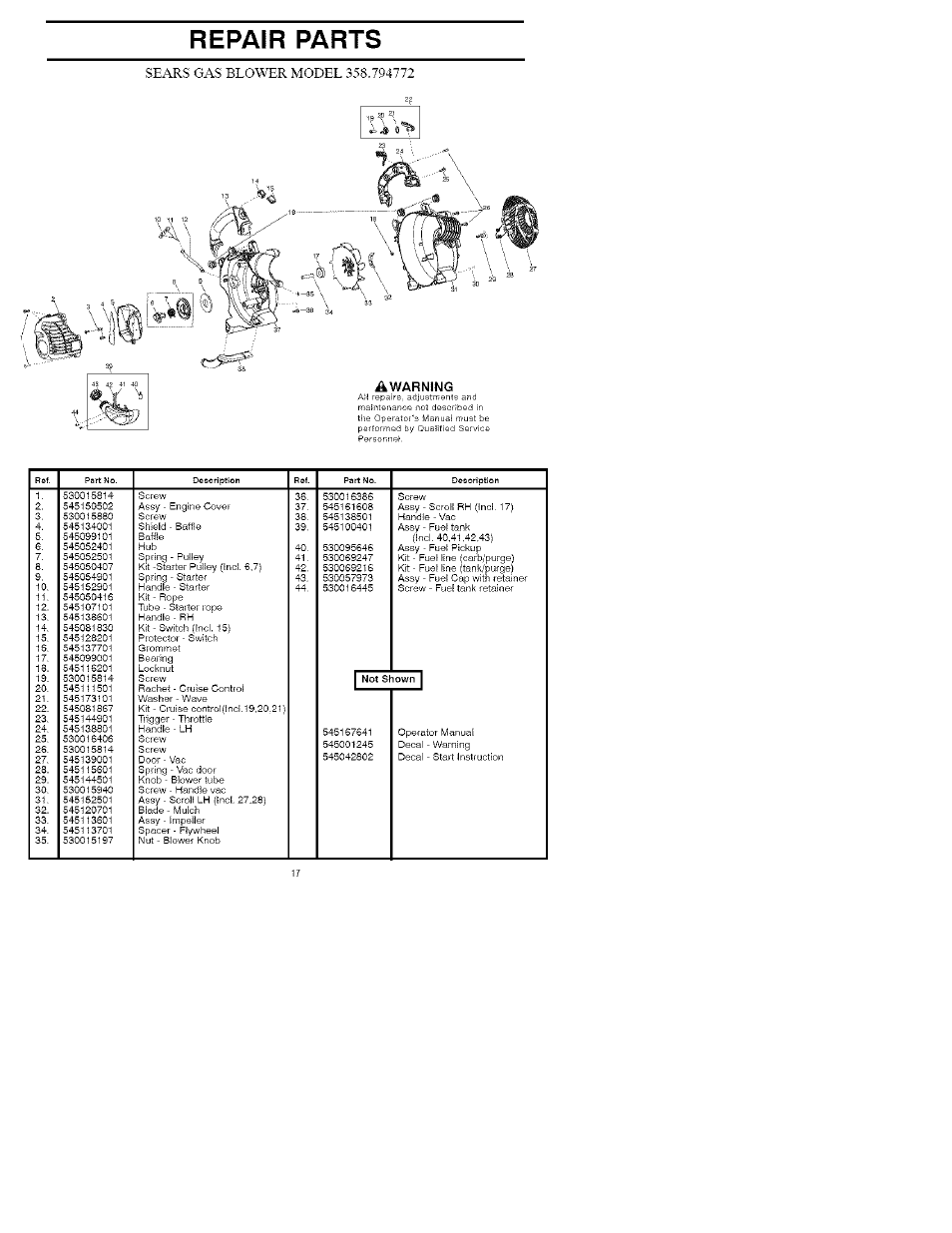 Repair parts, Warning | Craftsman 358.794772 User Manual | Page 17 / 19