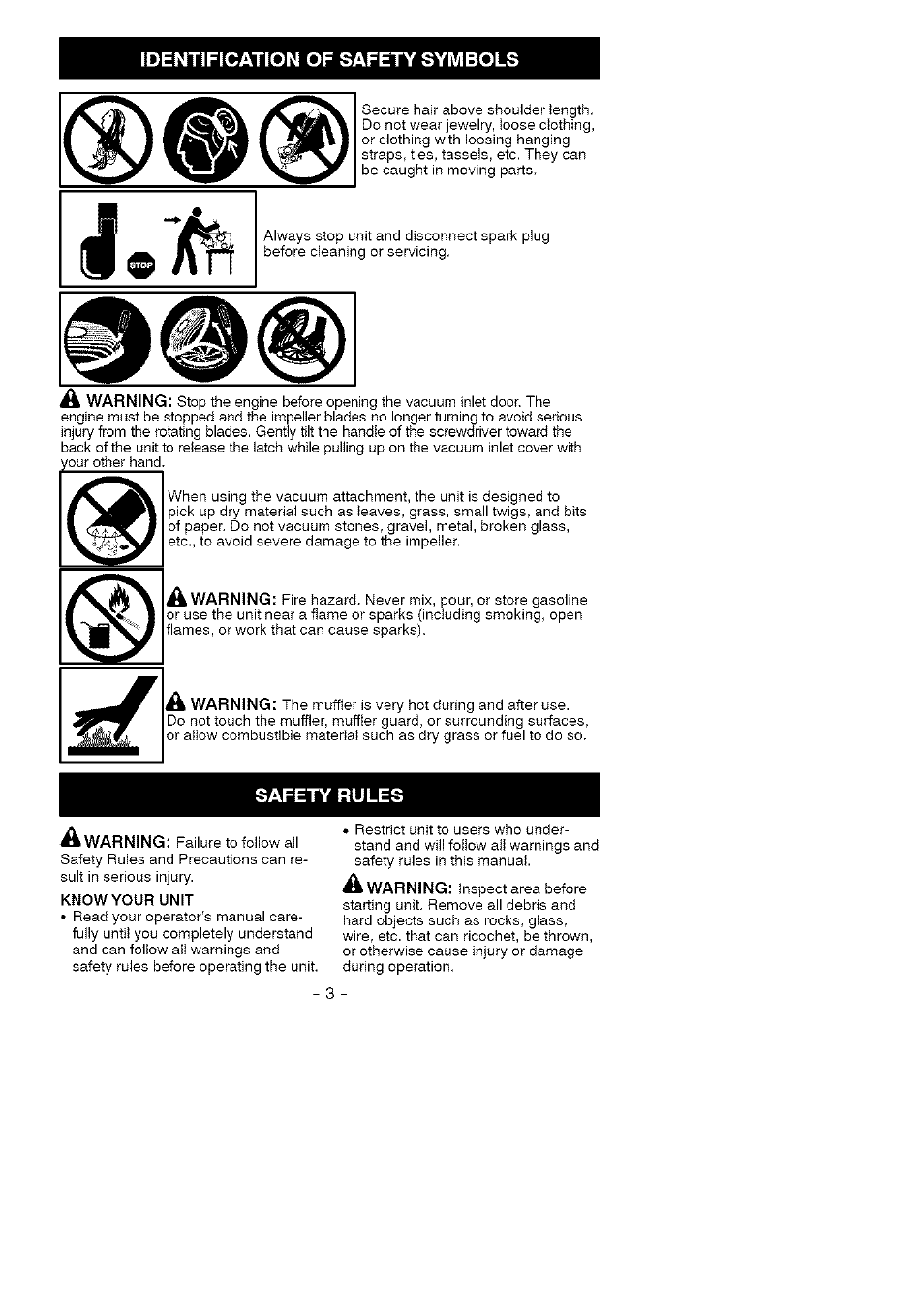 Identification of safety symbols, Safety rules | Craftsman 358.794772 User Manual | Page 3 / 19