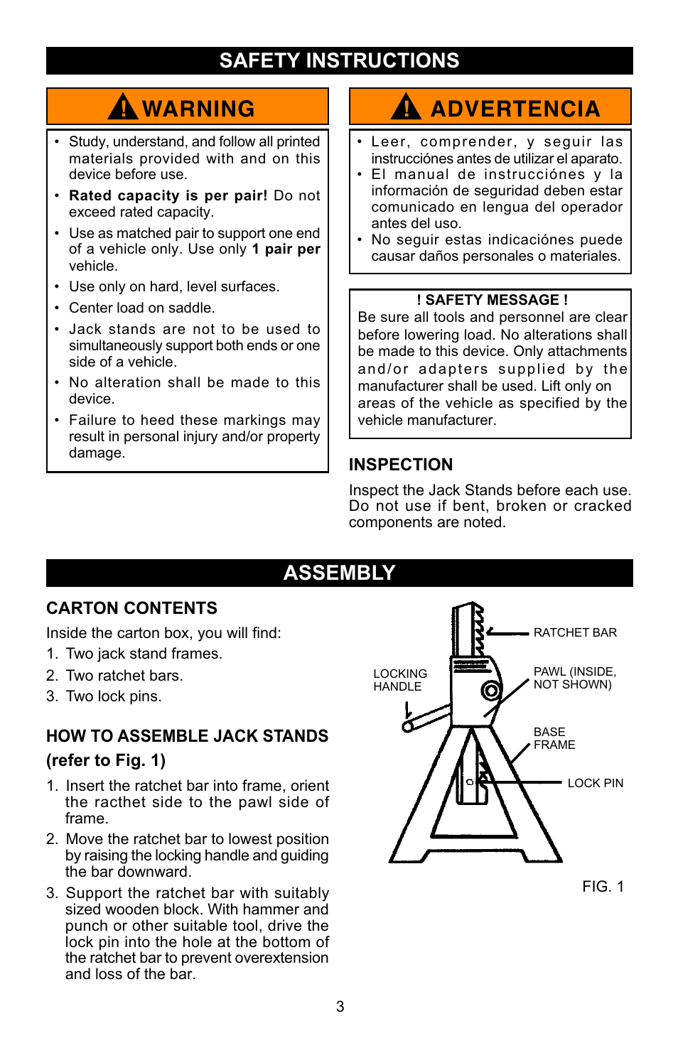 Warning, Advertencia, Safety instructions | Assembly | Craftsman 50182 User Manual | Page 3 / 5