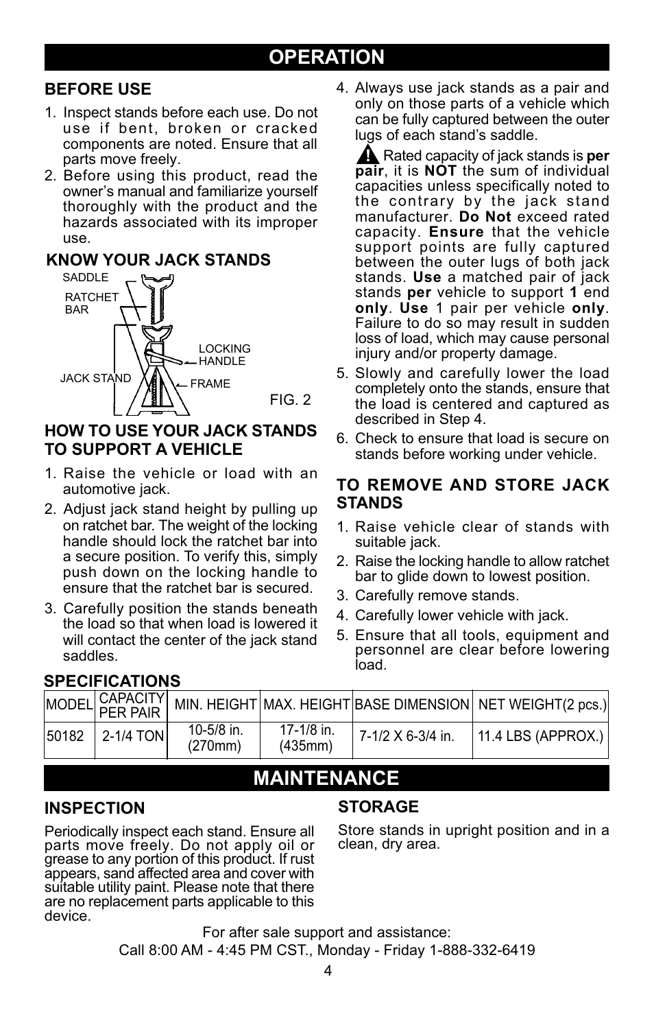 Operation, Maintenance | Craftsman 50182 User Manual | Page 4 / 5