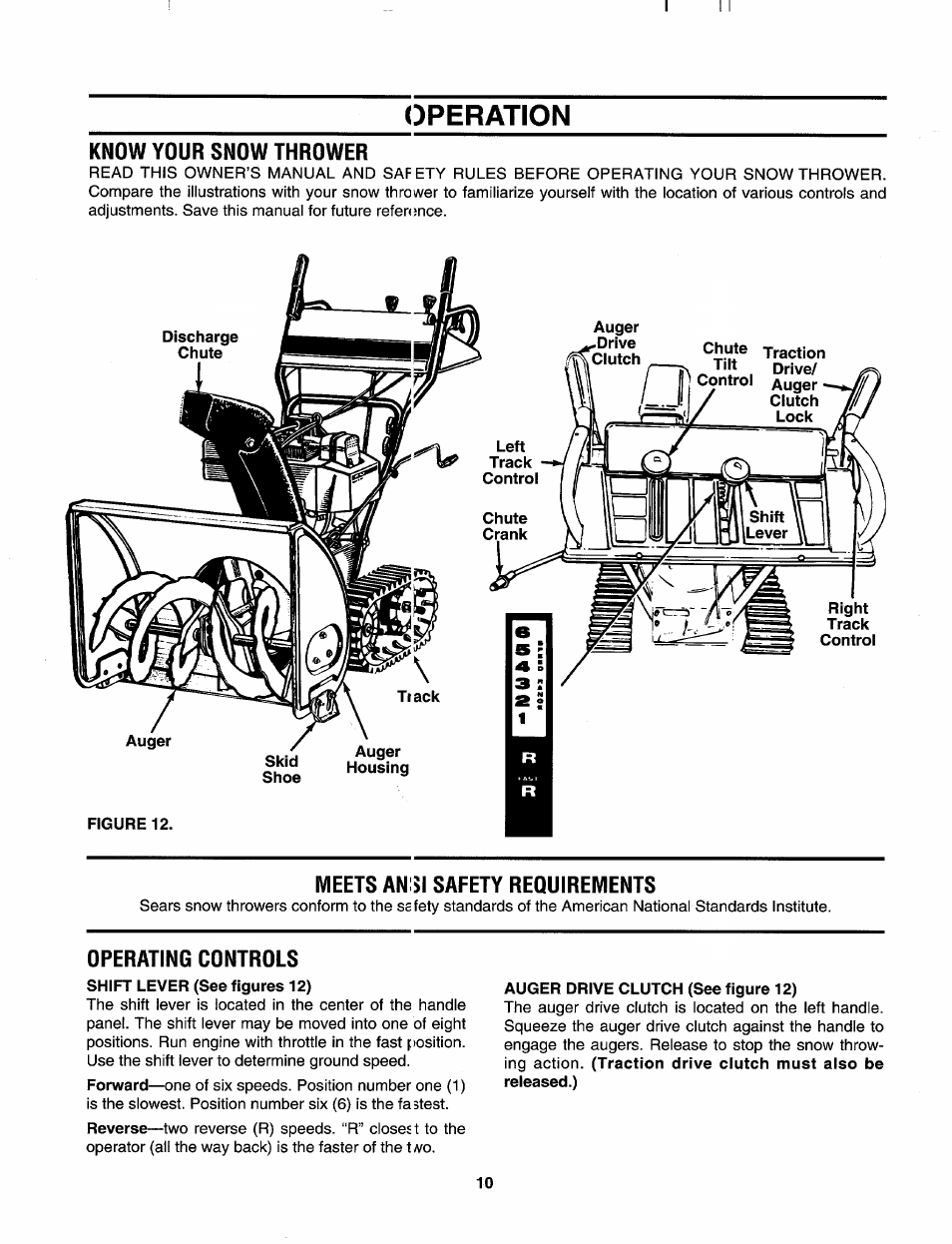 Know your snow thrower, Meets anisi safety requirements, Operating controls | Operation | Craftsman 247.885680 User Manual | Page 10 / 40