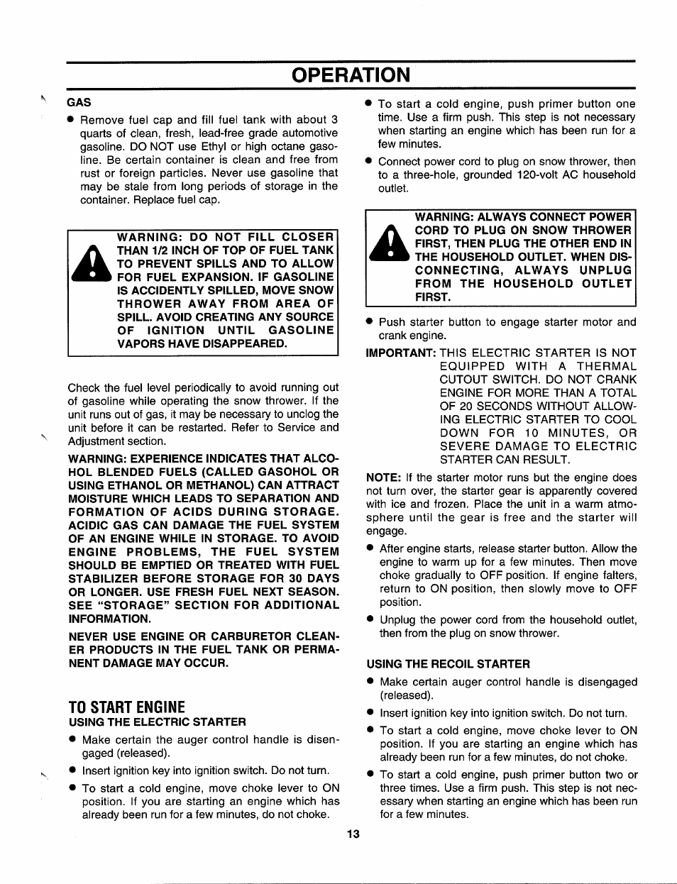 To start engine, Operation | Craftsman 247.885680 User Manual | Page 13 / 40