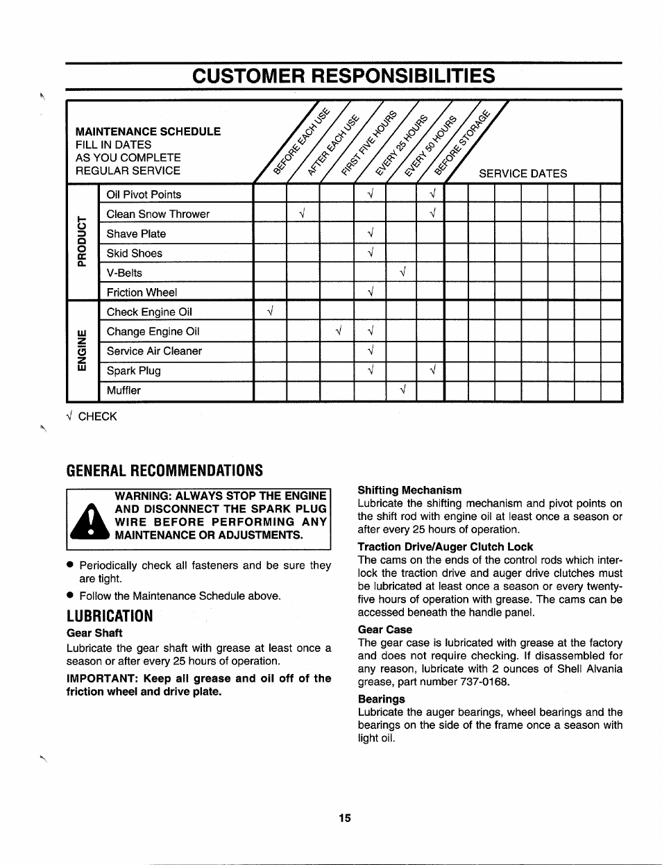 Customer responsibilities, General recommendations, Lubrication | Craftsman 247.885680 User Manual | Page 15 / 40