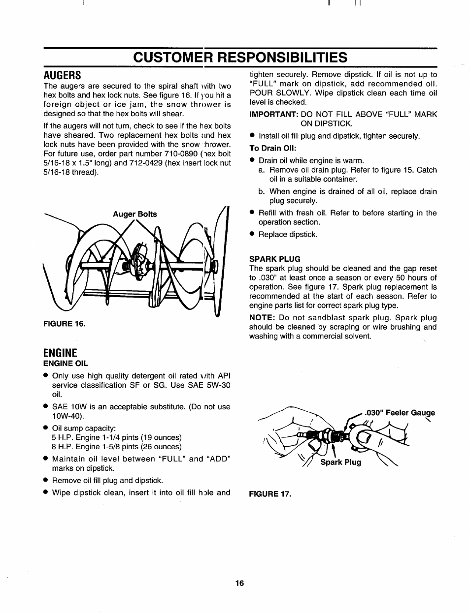 Customer responsibilities, Augers, Engine | Craftsman 247.885680 User Manual | Page 16 / 40