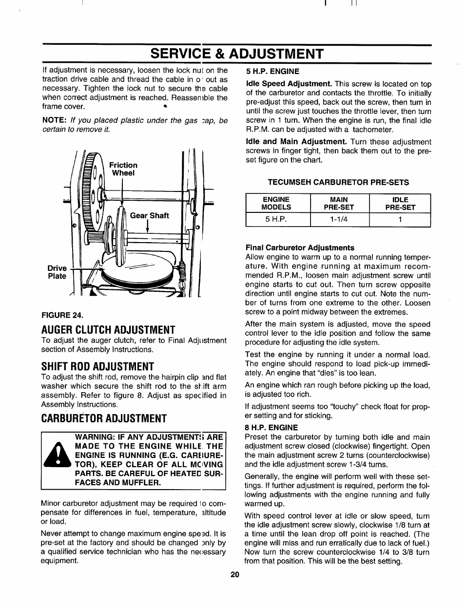 Auger clutch adjustment, Shift rod adjustment, Carburetor adjustment | Service & adjustment | Craftsman 247.885680 User Manual | Page 20 / 40