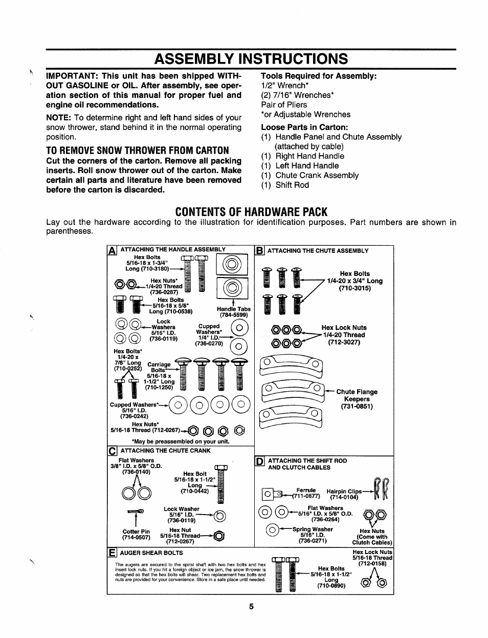 Contents of hardware pack, Assembly instructions | Craftsman 247.885680 User Manual | Page 5 / 40