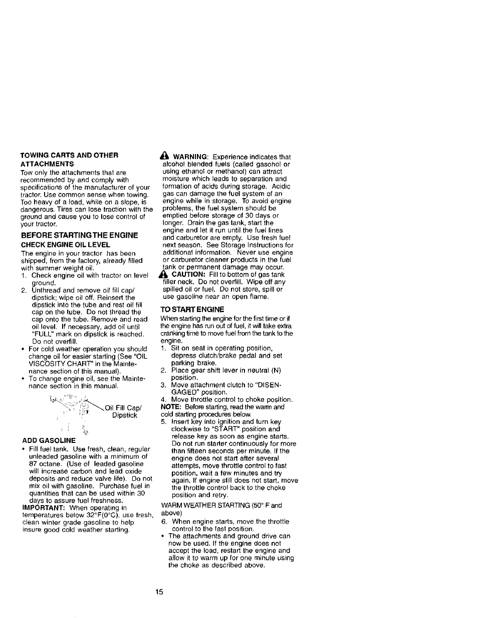 Before startingthe engine check engine oil level, To start engine | Craftsman 917.272070 User Manual | Page 15 / 60