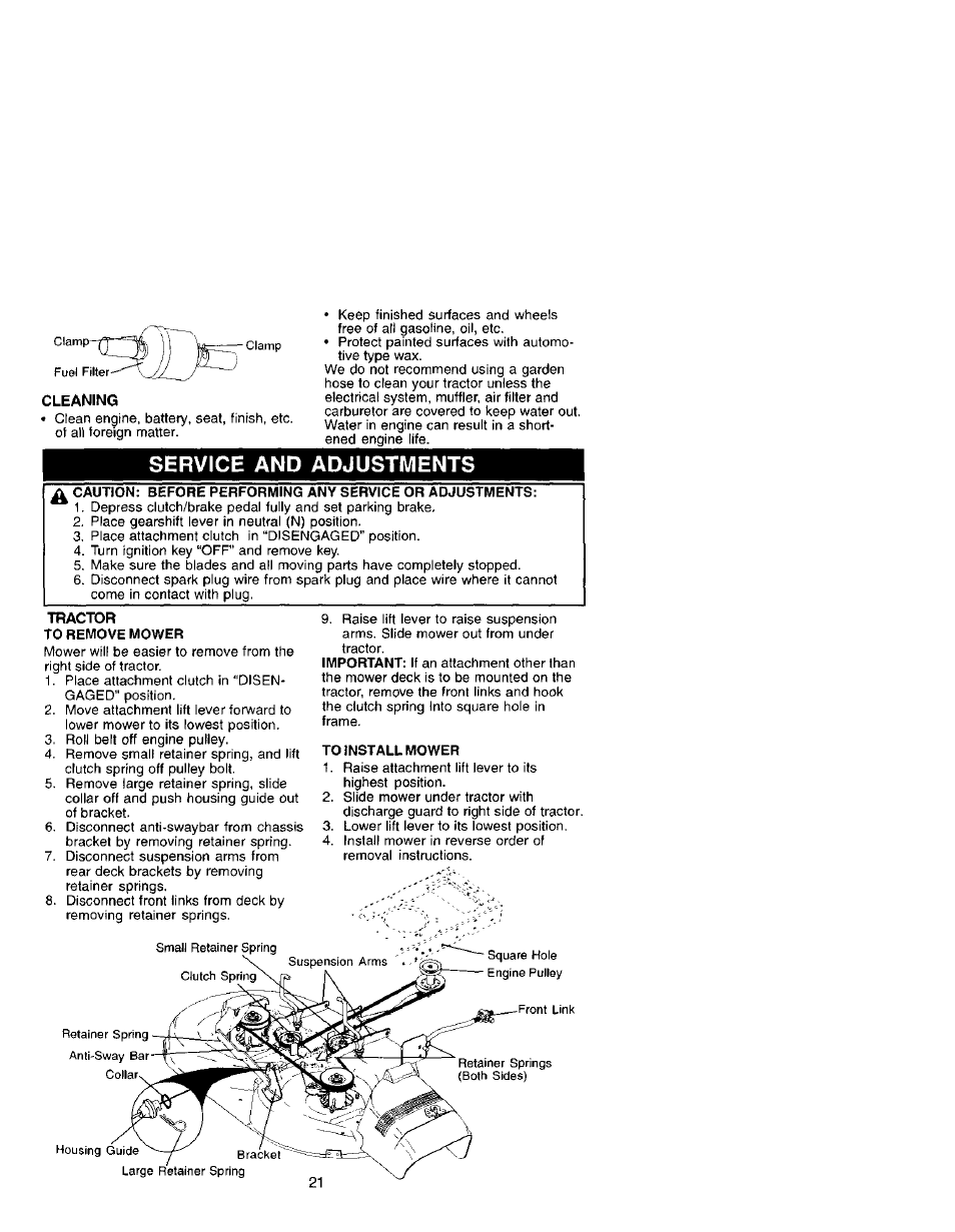 Cleaning, Tractor, Service and adjustments | Craftsman 917.272070 User Manual | Page 21 / 60