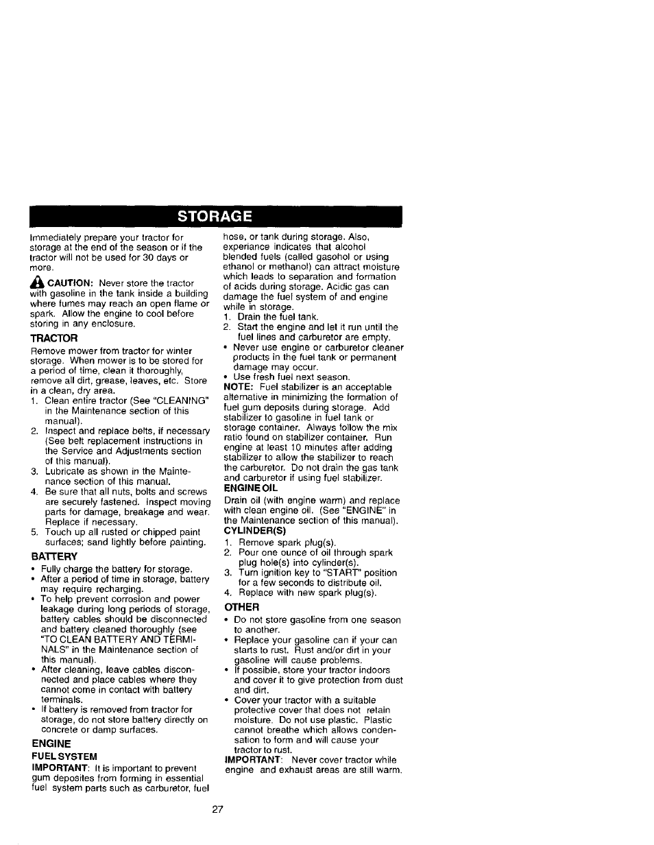 Tractor, Battery, Other | Storage | Craftsman 917.272070 User Manual | Page 27 / 60