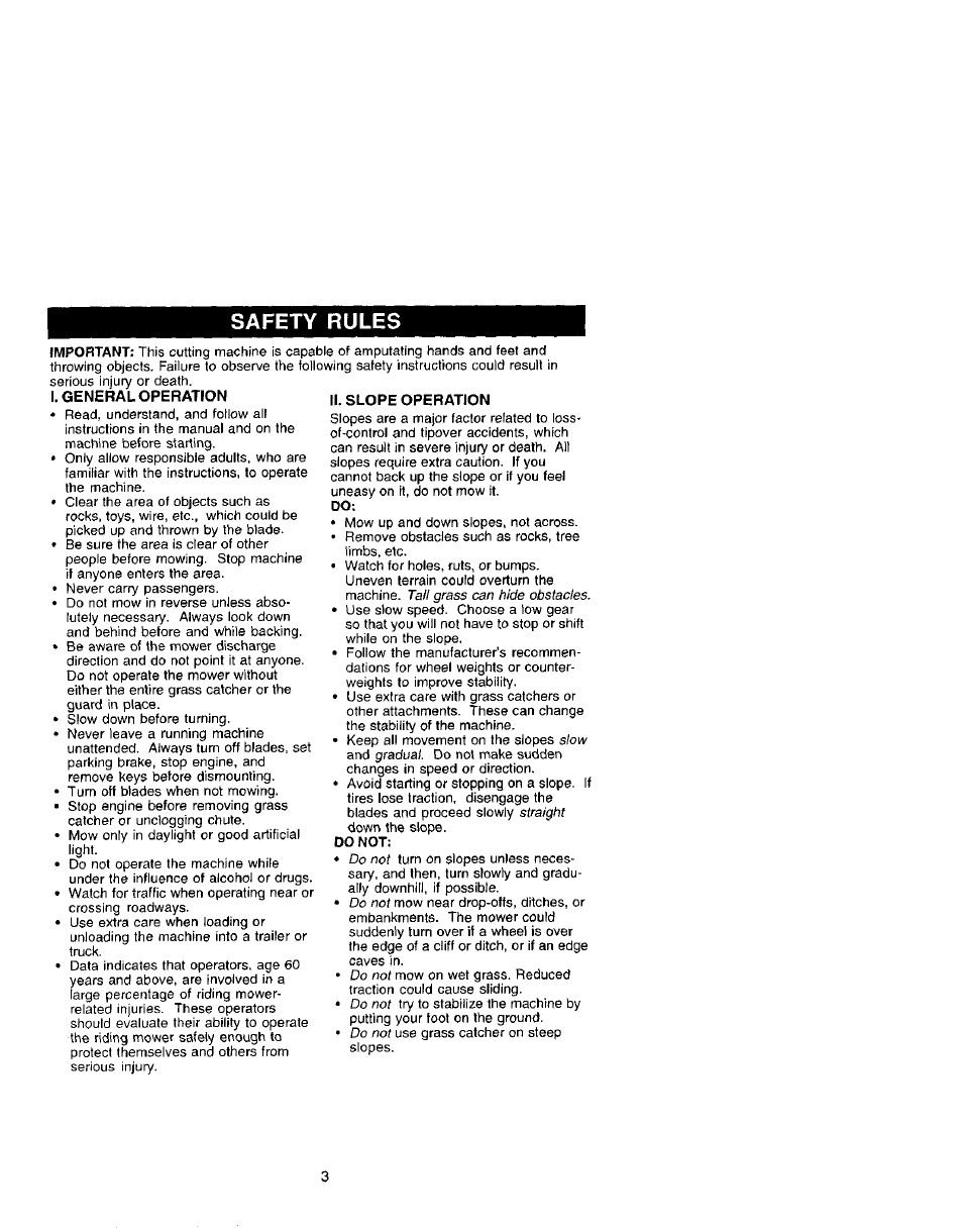 I. general operation, Ii. slope operation, Safety rules | Craftsman 917.272070 User Manual | Page 3 / 60