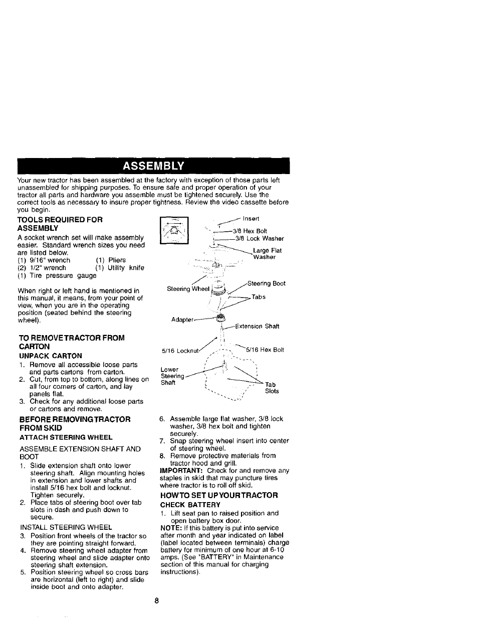 To removetractor from carton, Before removingtractor from skid, Assembly | Craftsman 917.272070 User Manual | Page 8 / 60