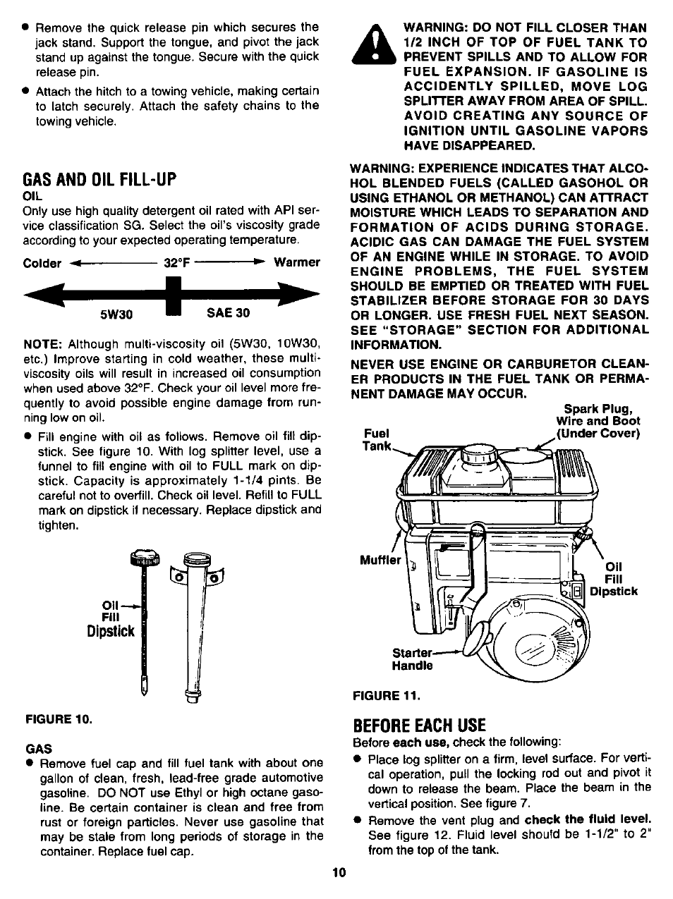 Gas and oil fill-up, Oil fill, Dipstick | Figure 10, Before each use | Craftsman 247.346250 User Manual | Page 10 / 28