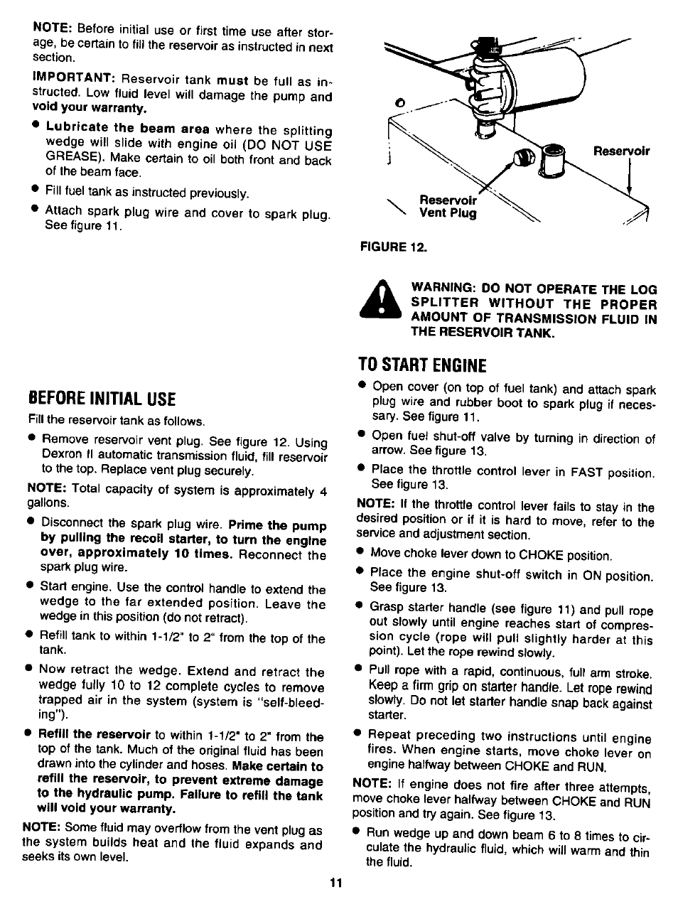 Before initial use, To start engine | Craftsman 247.346250 User Manual | Page 11 / 28