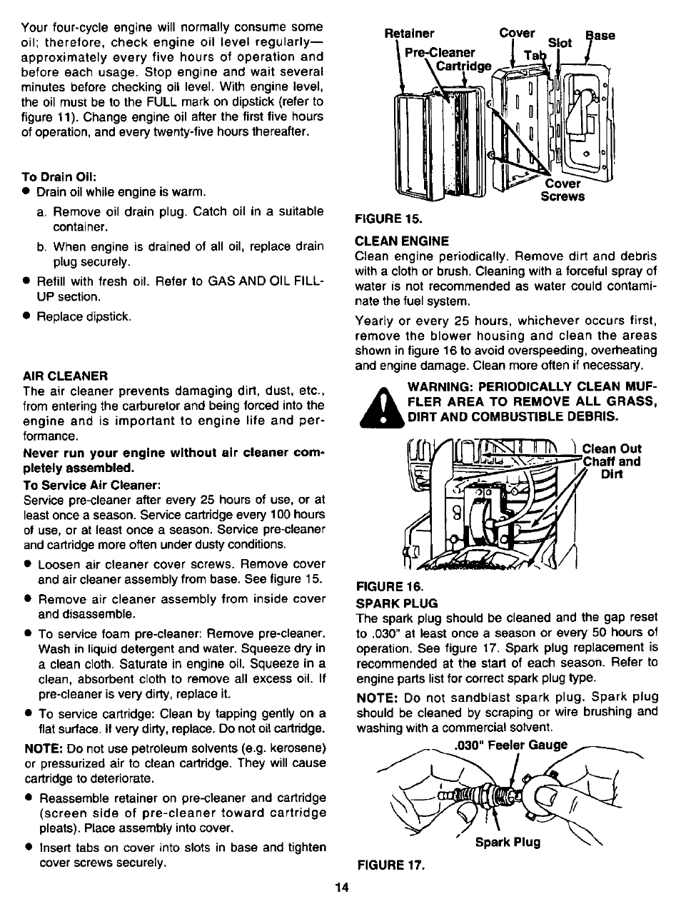 To drain oil, Air cleaner, Clean engine | Craftsman 247.346250 User Manual | Page 14 / 28