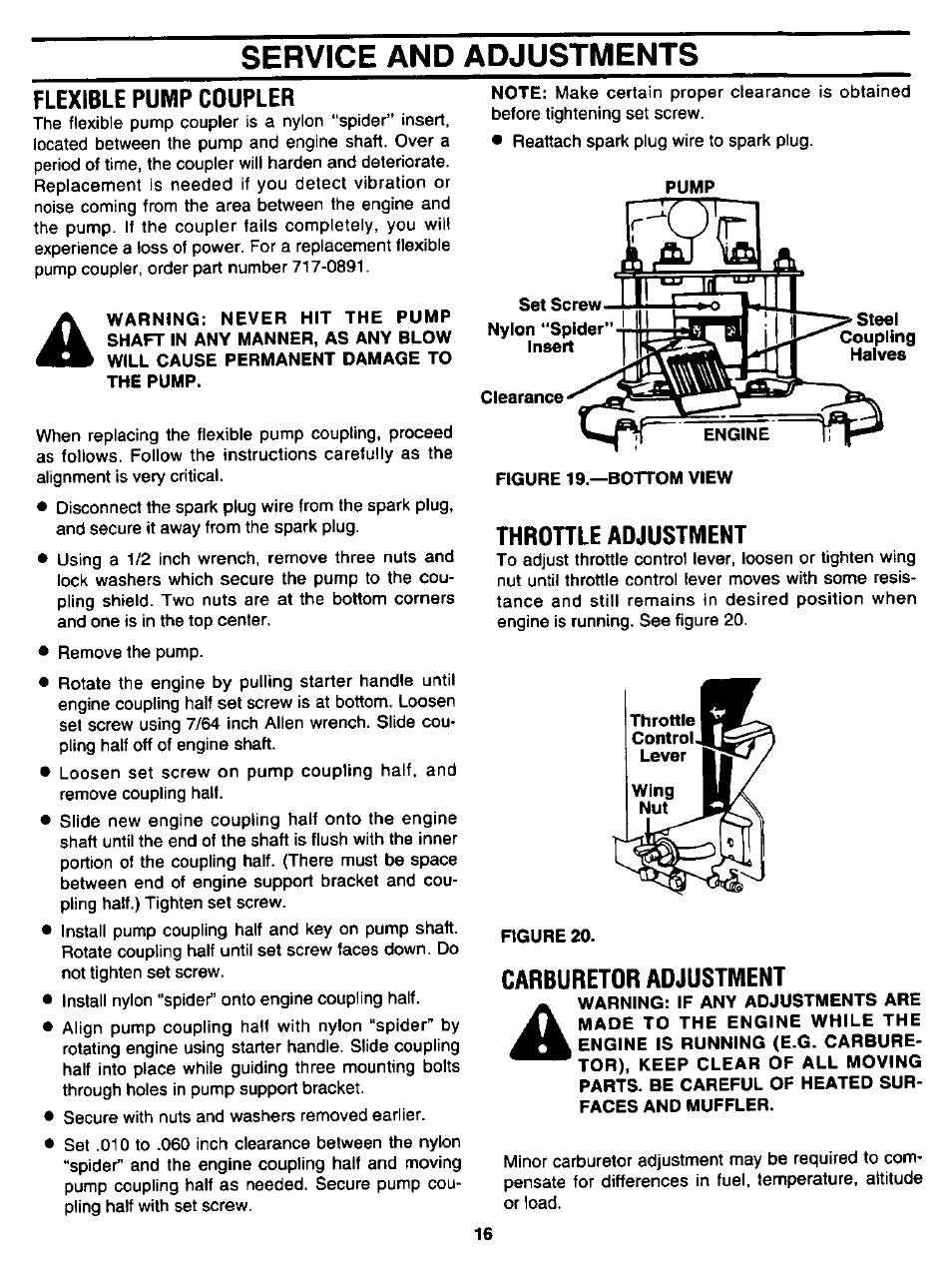 Service and adjustments, Flexible pump coupler, Throhle adjustment | Figure 20, Carburetor adjustment, Throttle adjustment | Craftsman 247.346250 User Manual | Page 16 / 28