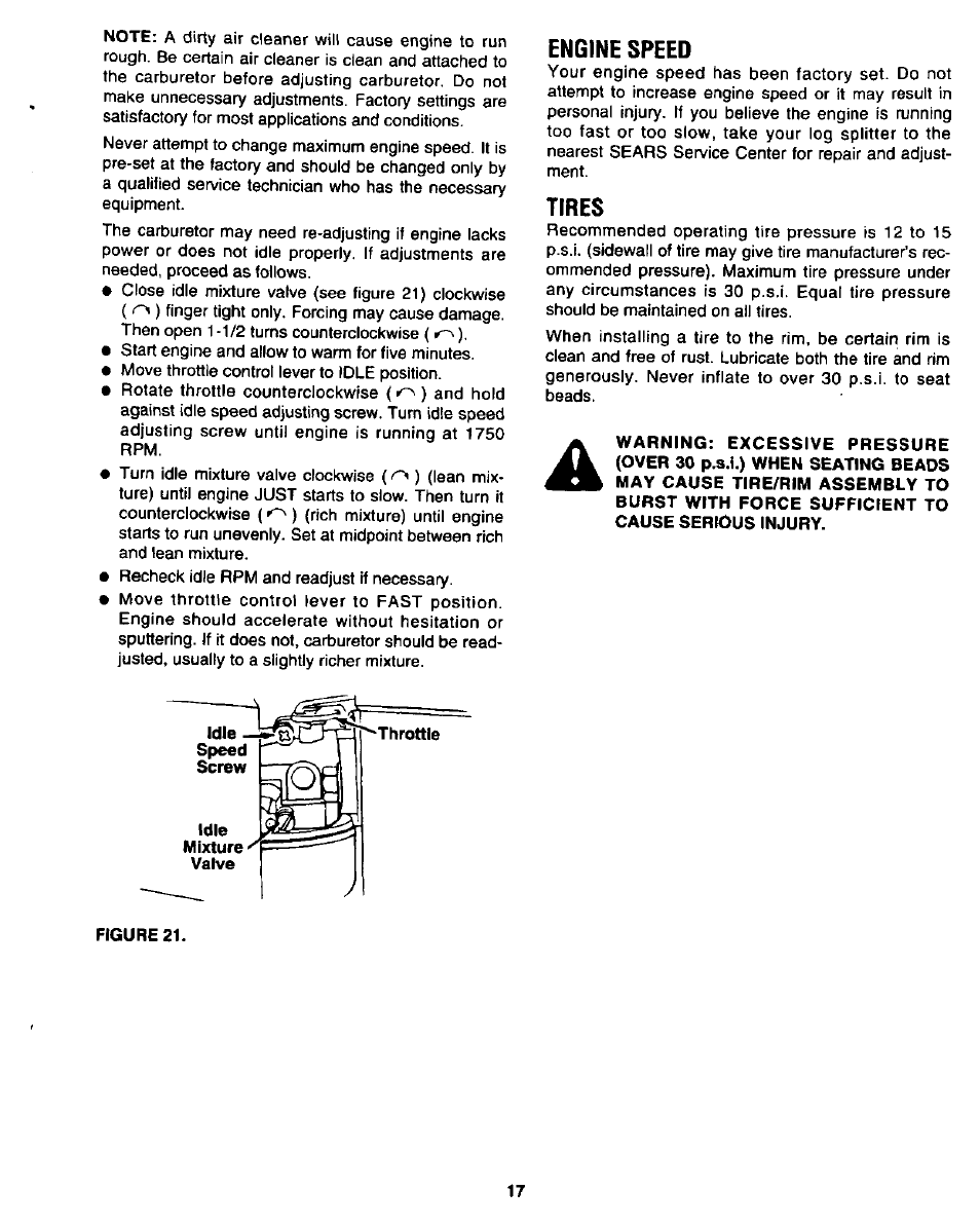 Engine speed, Tires | Craftsman 247.346250 User Manual | Page 17 / 28