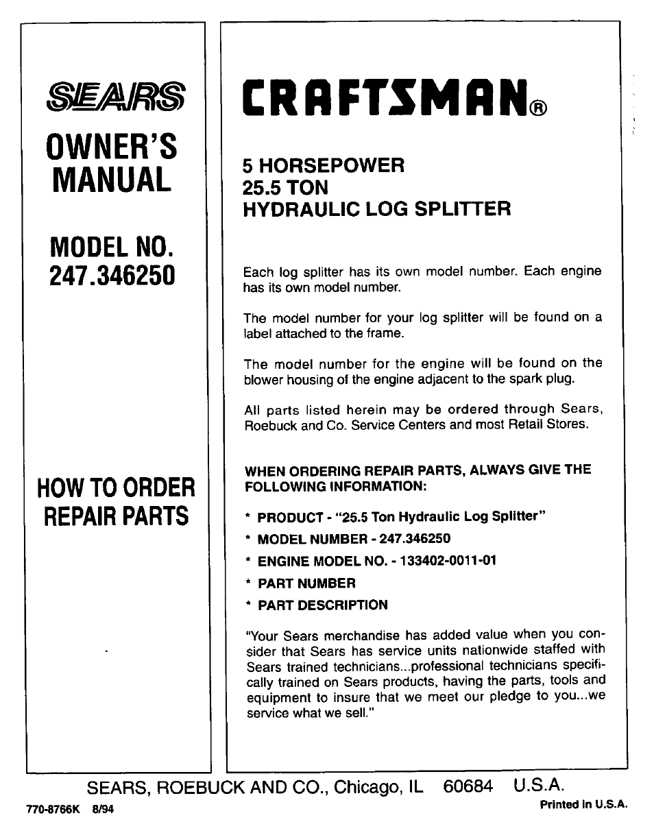 Owner’s, Manual, How to order repair parts | Craftsman, S horsepower 25.5 ton, Hydraulic log sputter, Owner’s manual, S horsepower 25.5 ton hydraulic log sputter | Craftsman 247.346250 User Manual | Page 28 / 28