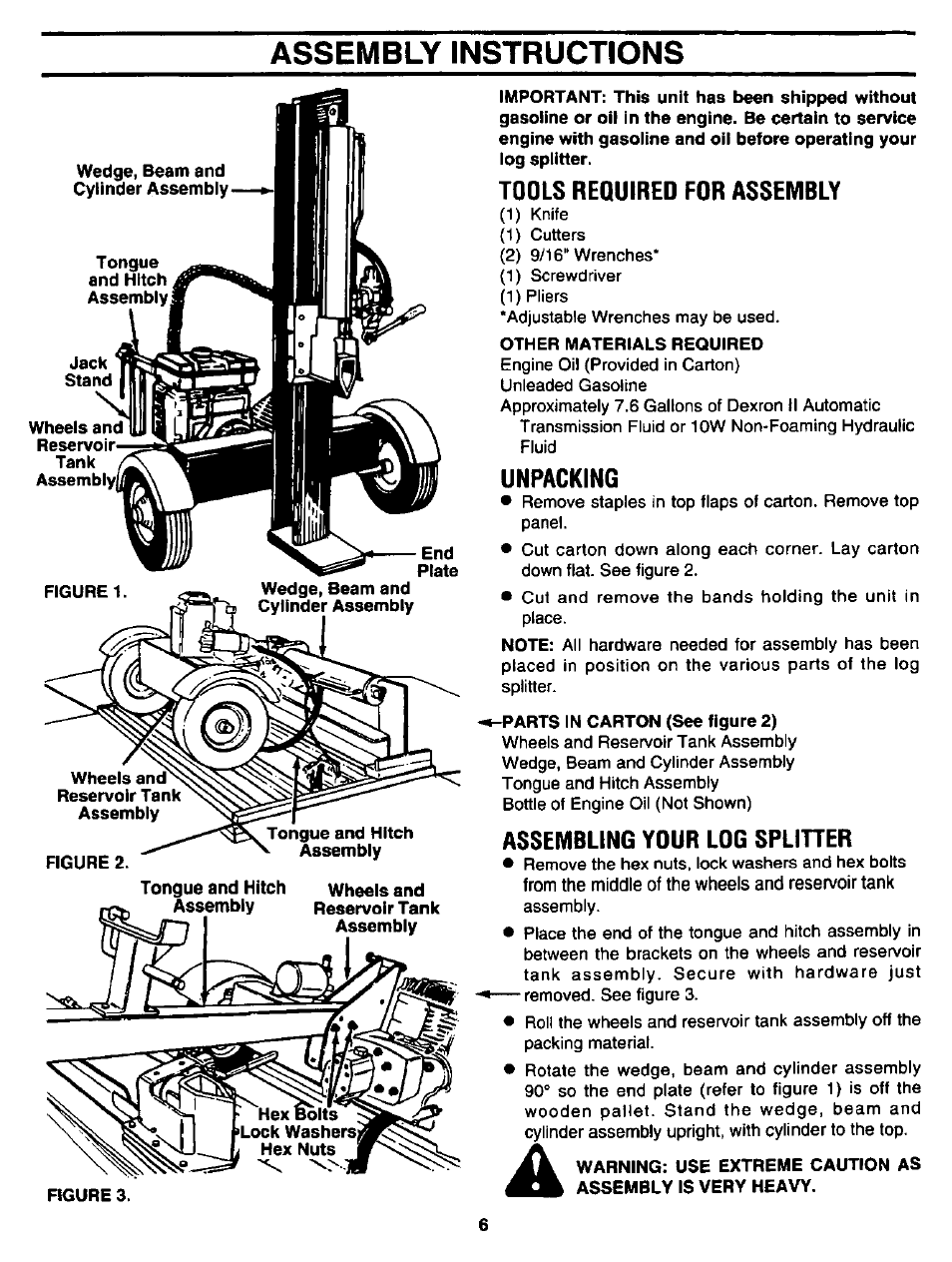 Assembly instructions, Figure 2, Tongue and hitch assembly | Tools required for assembly, Other materials required, Unpacking, Parts in carton (see figure 2), Assembling your log spliher, Assembly instructions . 7 | Craftsman 247.346250 User Manual | Page 6 / 28