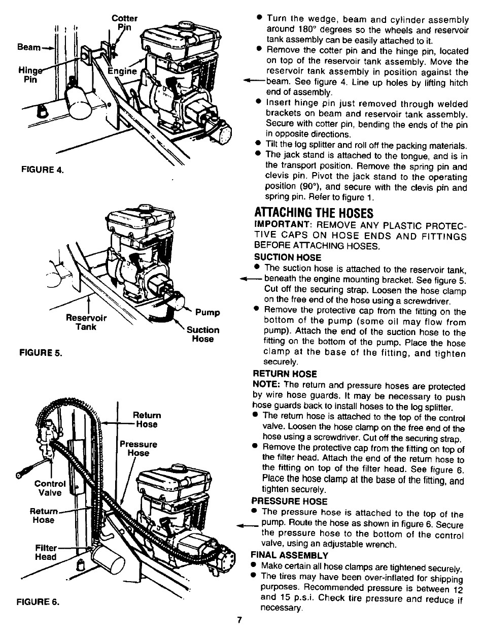 Ahaching the hoses, Suction hose, Return hose | Pressure hose, Final assembly | Craftsman 247.346250 User Manual | Page 7 / 28