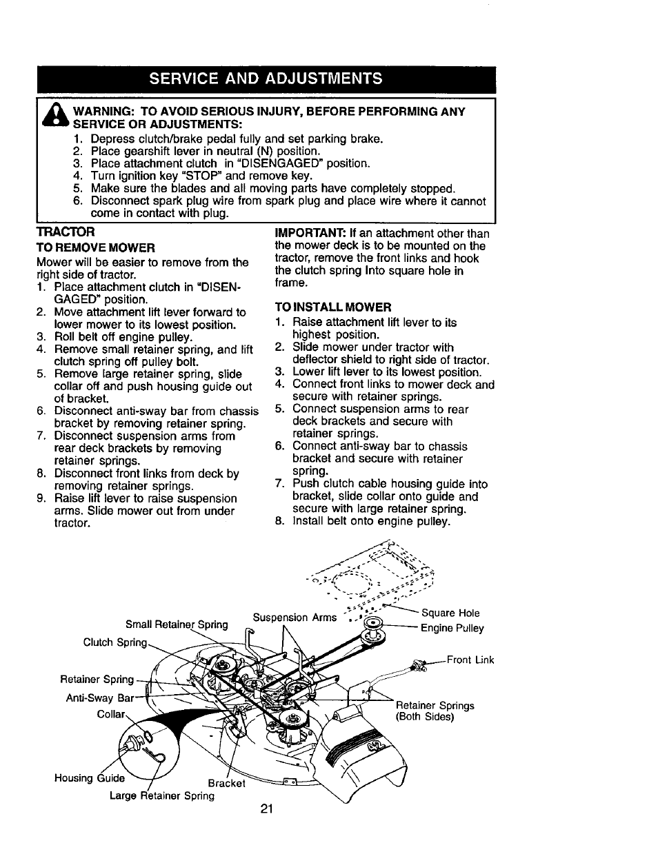 Service and adjustments | Craftsman 917.271653 User Manual | Page 21 / 56