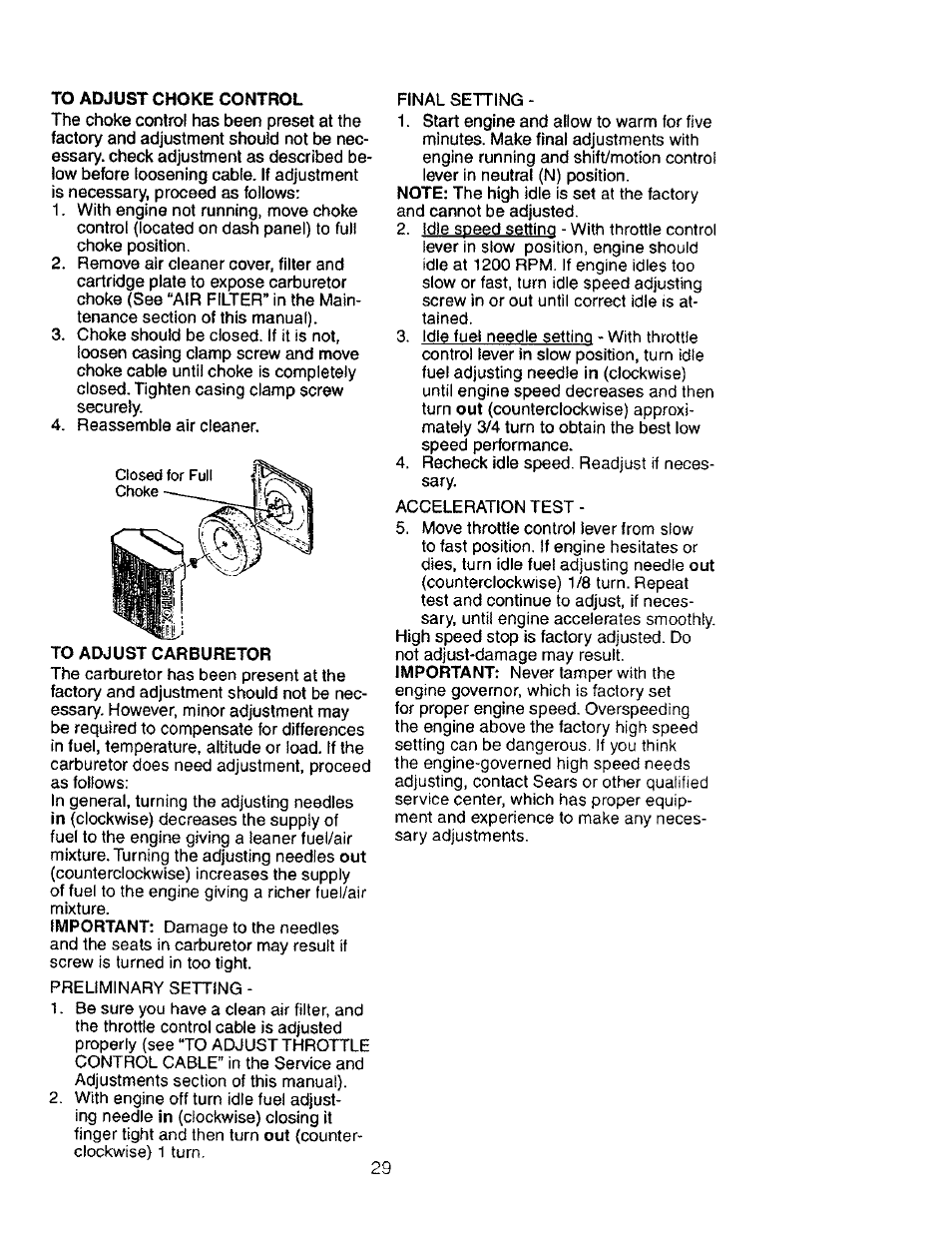 To adjust carburetor | Craftsman 917.276030 User Manual | Page 29 / 64