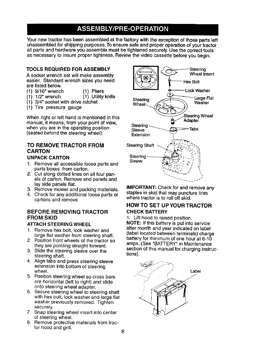 Tools required for assembly, Unpack carton, Attach steering wheel | Craftsman 917.276030 User Manual | Page 8 / 64