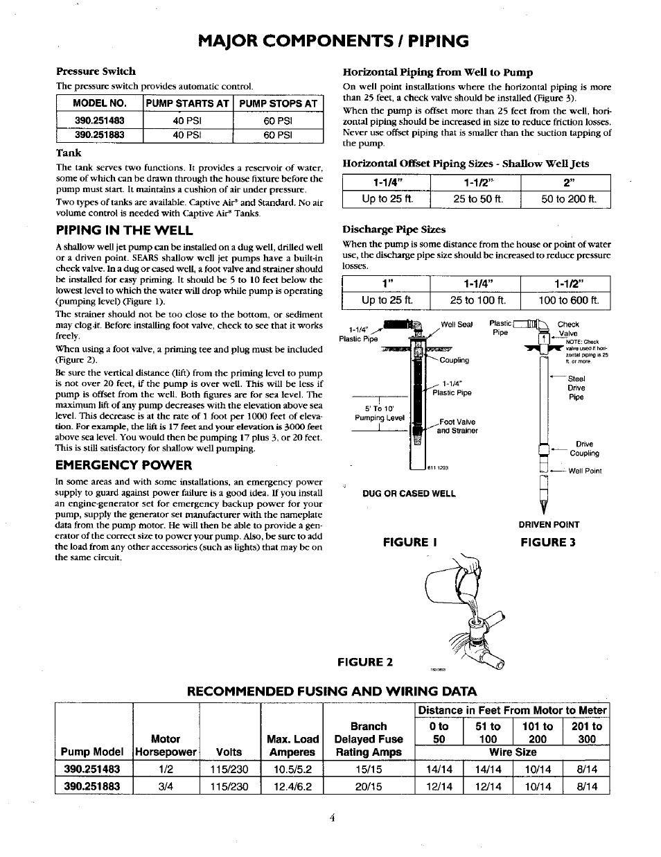 Major components / piping, Piping in the well, Emergency power | Recommended fusing and wiring data | Craftsman 390.251883 User Manual | Page 4 / 12