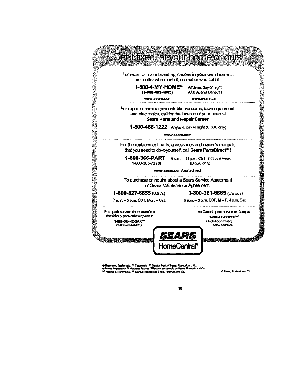 800-4-my-home, 1 -800-827-6655 (u.s a) 1 -800-361 ^665 (canada) | Craftsman 183.172530 User Manual | Page 18 / 18