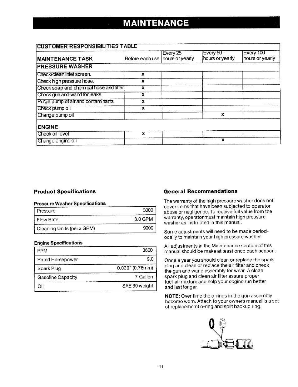 Maintenance, General recommendations, Custcjraer responsibilities table maintenance task | Pressure washer, Engine, Product specifications | Craftsman 919.763010 User Manual | Page 11 / 56