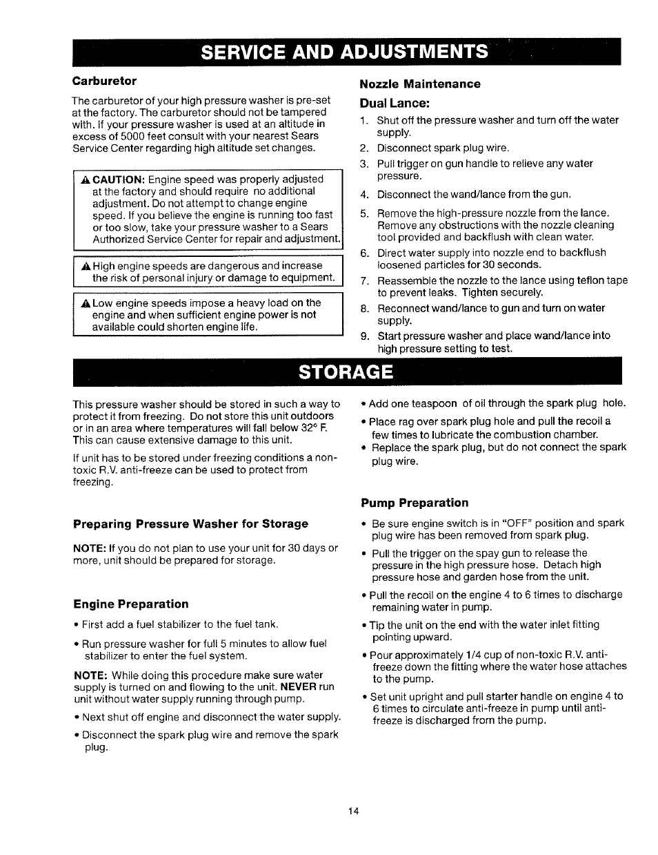 Service and adjustments, Carburetor, Nozzle maintenance dual lance | Storage, Preparing pressure washer for storage, Engine preparation, Pump preparation | Craftsman 919.763010 User Manual | Page 14 / 56