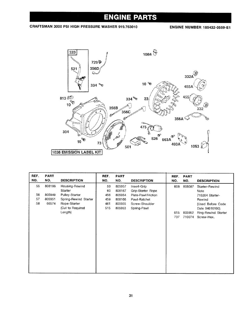 Engine parts | Craftsman 919.763010 User Manual | Page 31 / 56
