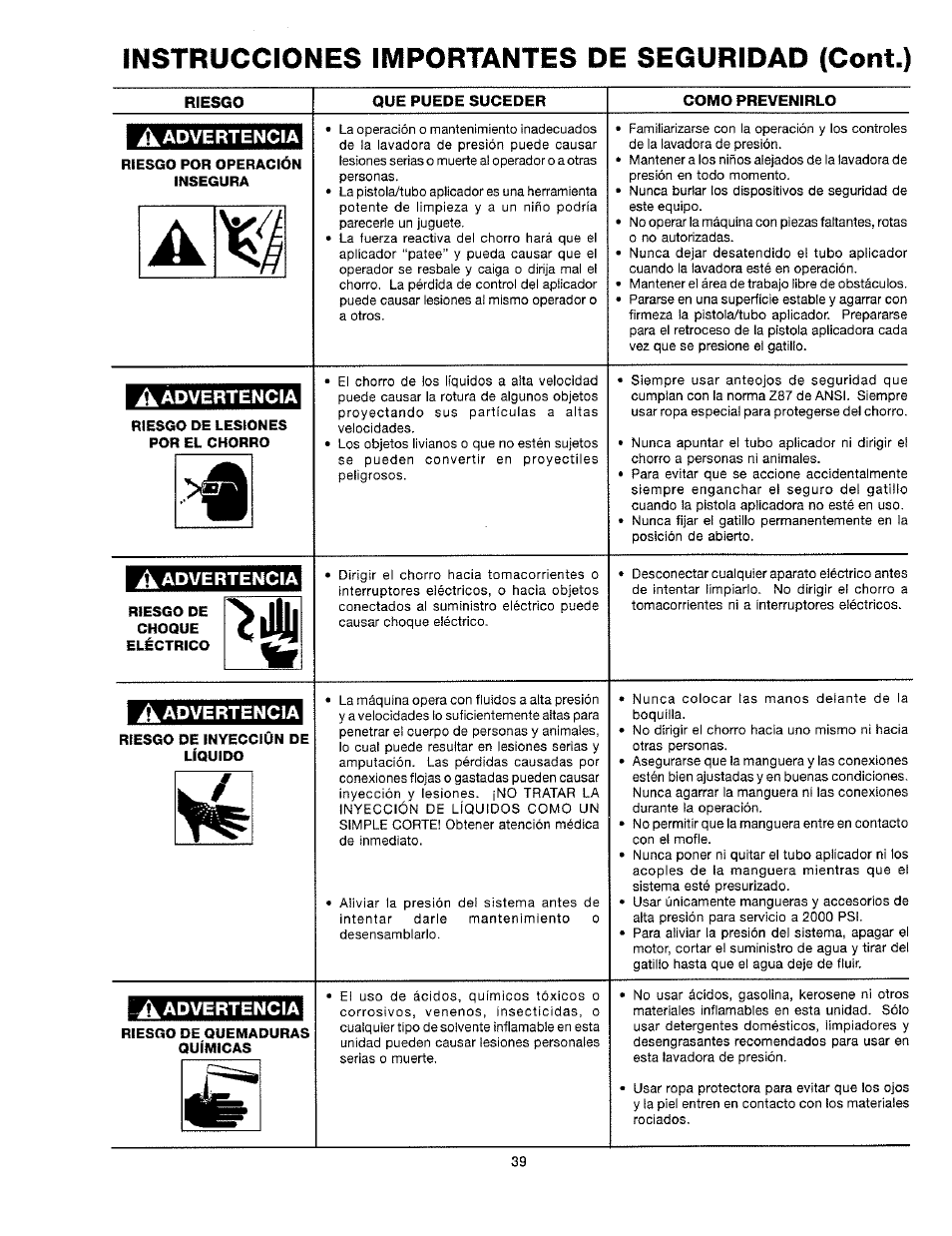 Instrucciones importantes de seguridad (cont.), Advertencia | Craftsman 919.763010 User Manual | Page 40 / 56