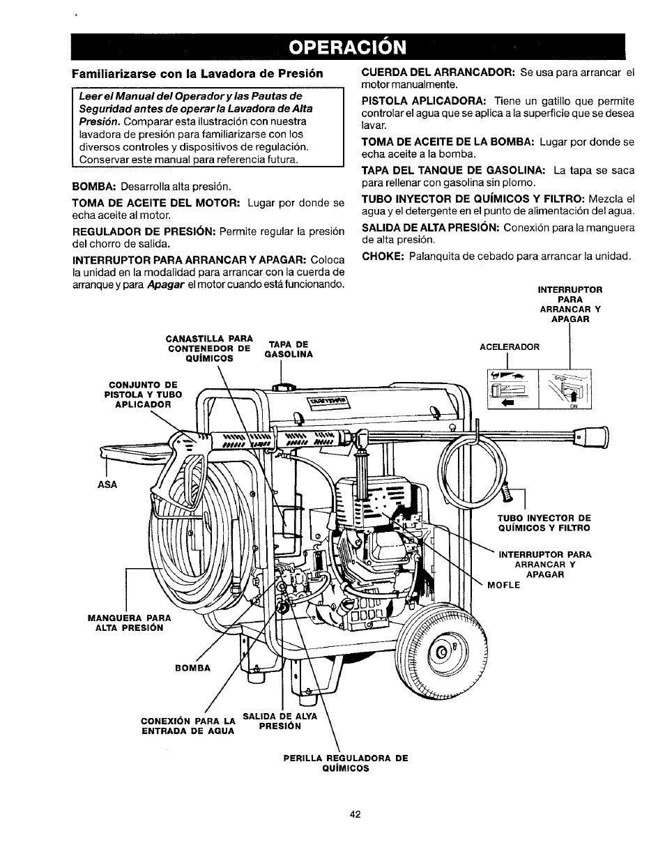 Operacion, Apagar, Familiarizarse con la lavadora de presión | Craftsman 919.763010 User Manual | Page 43 / 56